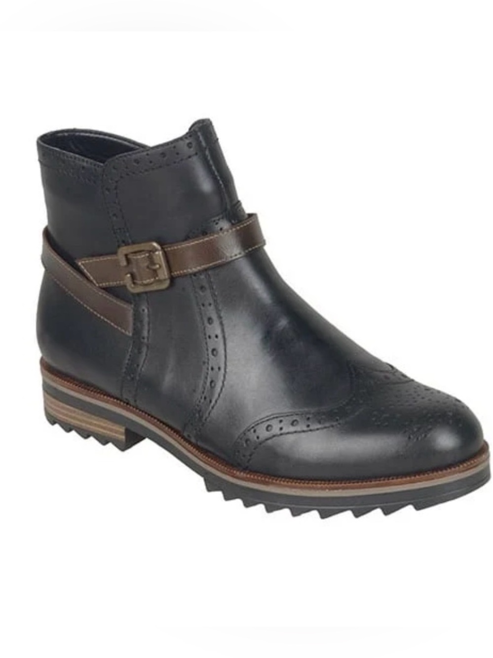 Remote Black Leather Ankle Boots with Brown Strap
